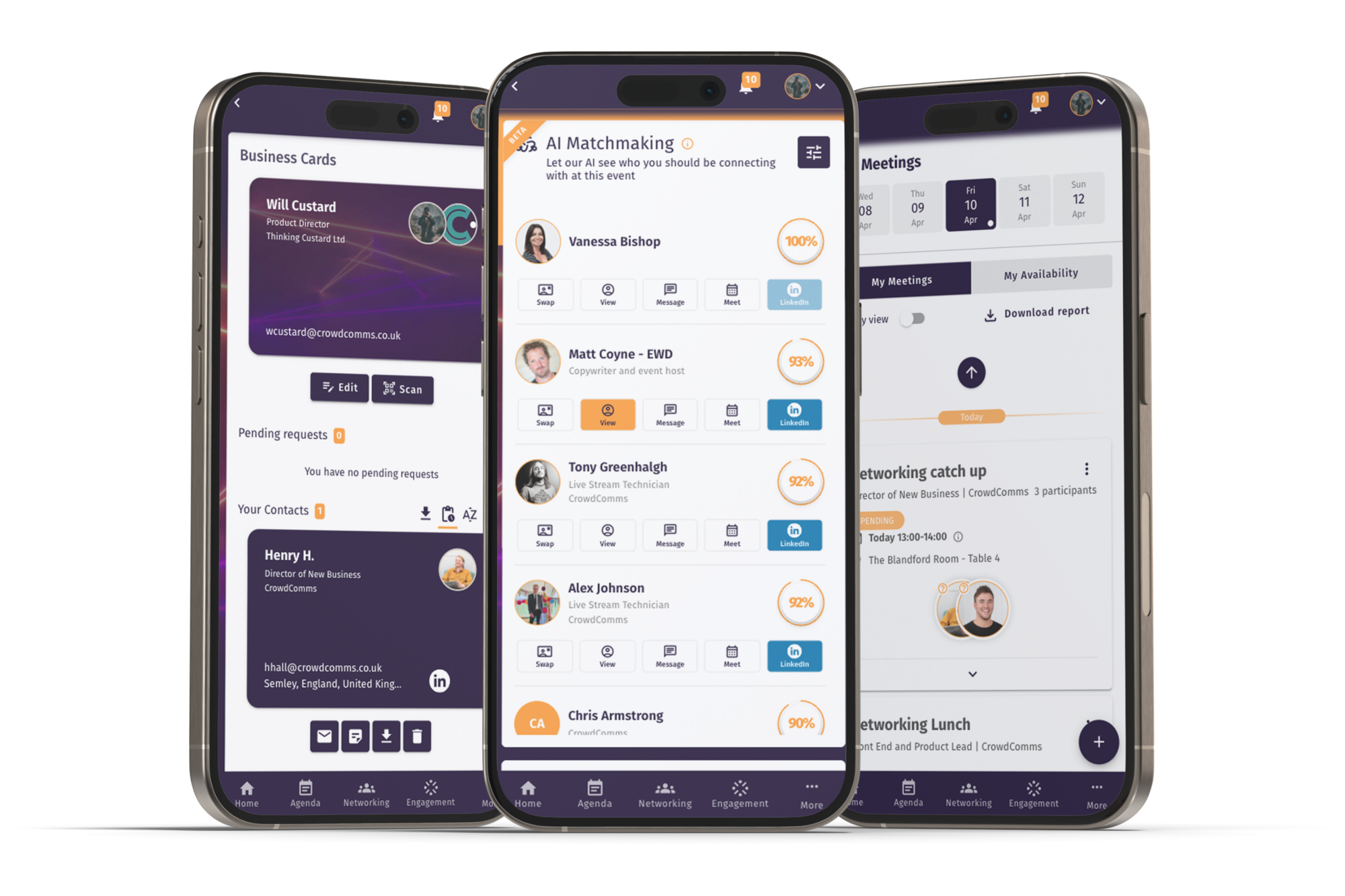 CrowdComms event app showing AI matchmaking suggestions, business cards and meetings.