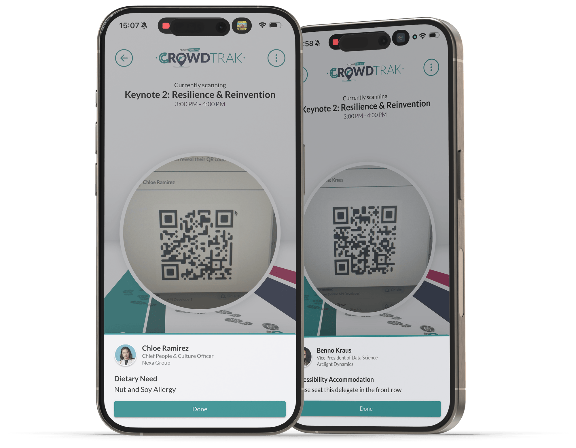 CrowdTrak on two phones after a successful scan, showing organiser messages for a nut and soy allergy and an accessibility accommodation.