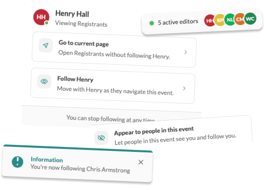 CrowdComms CMS follow menu for Henry Hall, with Go to current page and Follow Henry, plus toasts for appearing in the event and following Chris Armstrong.