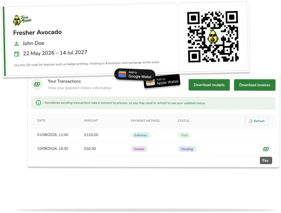 CrowdComms confirmation page, with a QR ticket card, Apple and Google Wallet buttons, and a Transactions table for receipts and invoices.