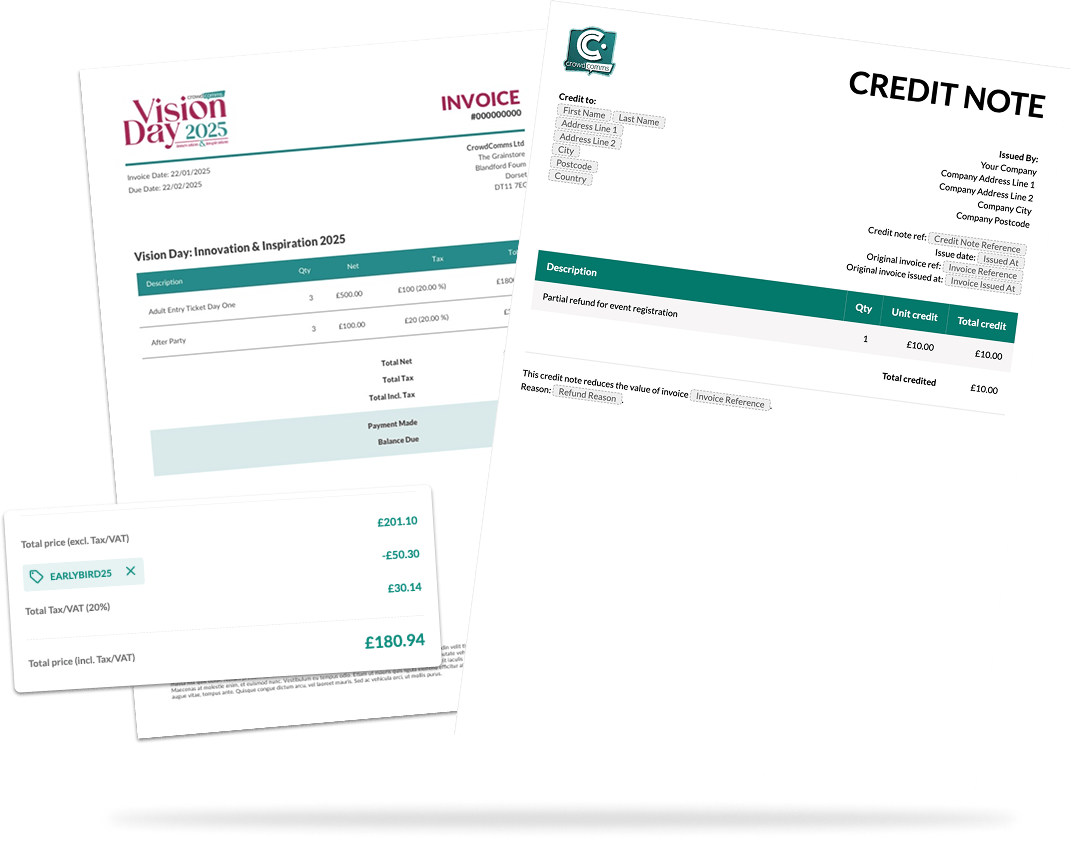 A CrowdComms invoice beside a credit note for a partial refund, with a registration total showing a discount code.