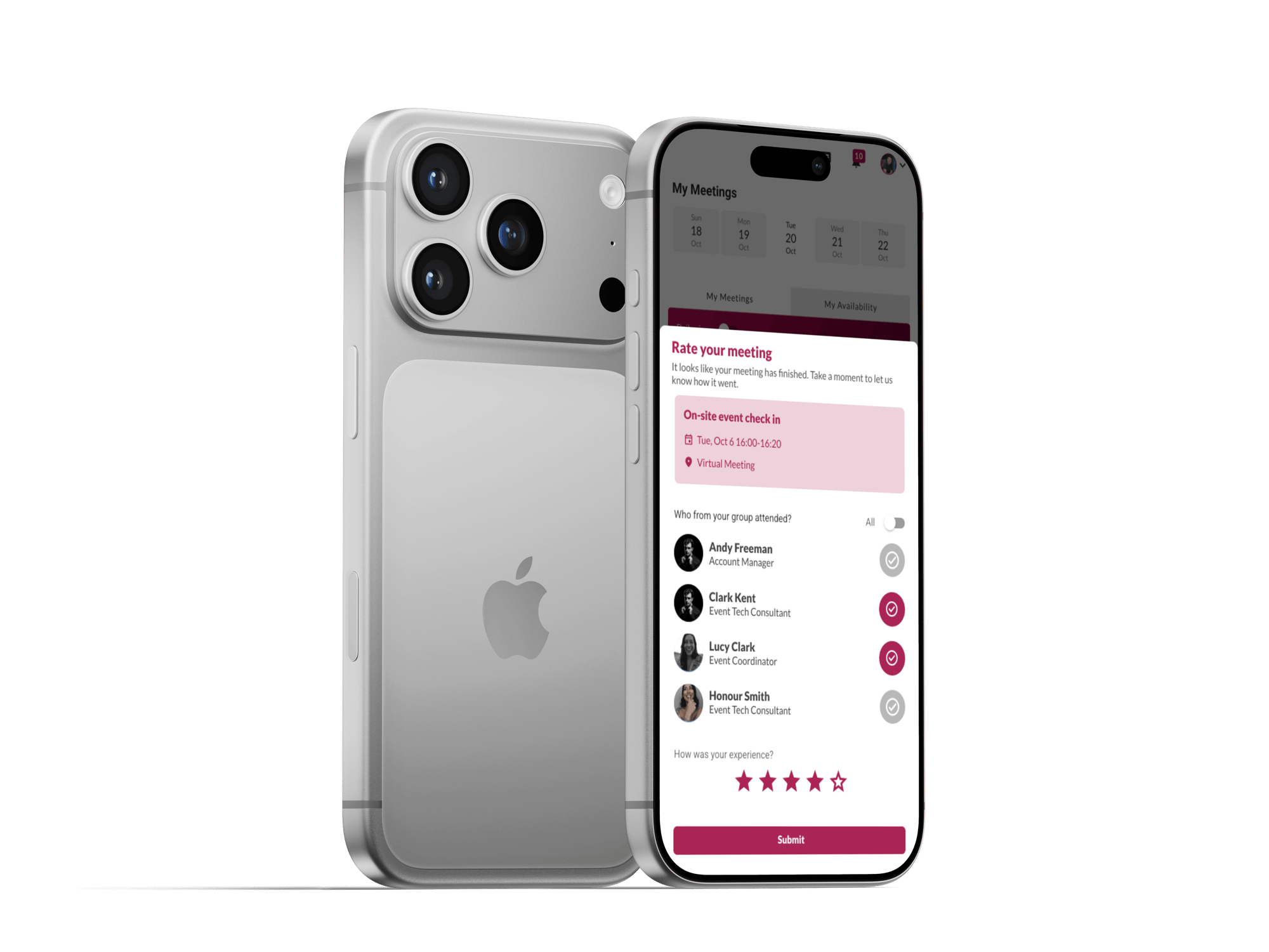 Two iPhones, one showing a CrowdComms prompt to rate a finished meeting, with attendance ticks and a star rating.