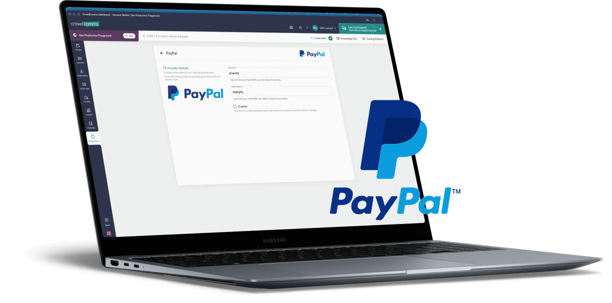 CrowdComms integrations page on a laptop, open on PayPal provider details, with the PayPal logo beside it.