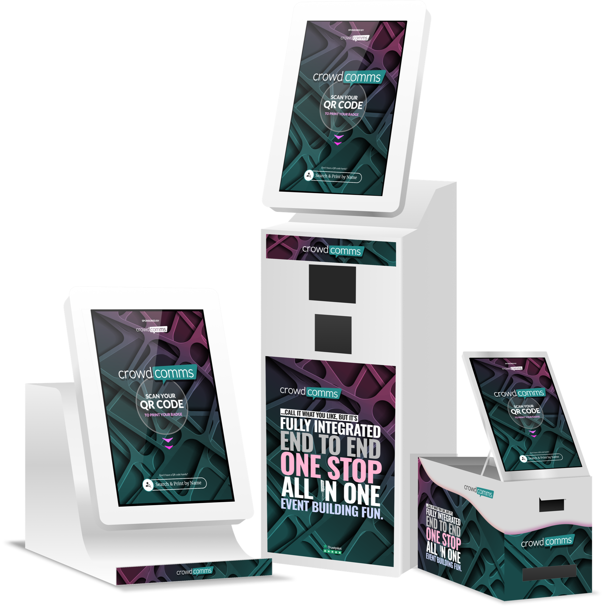Pronto, Glide and Go CrowdComms kiosks with scan-to-print and search-and-print-by-name.