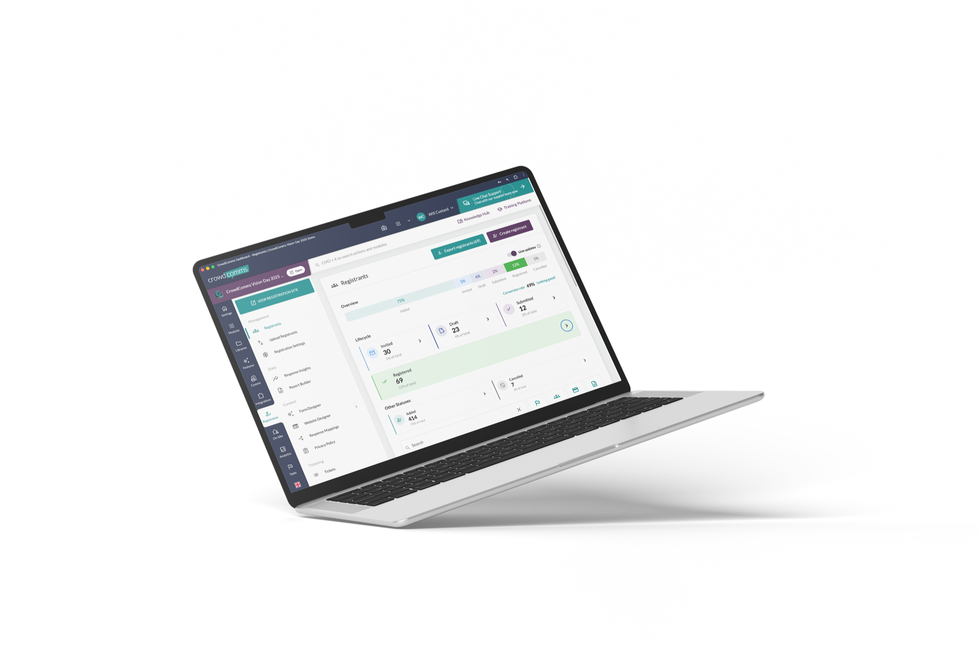 CrowdComms Registration V2 Registrants dashboard on a laptop, with invited, draft, submitted and registered counts.