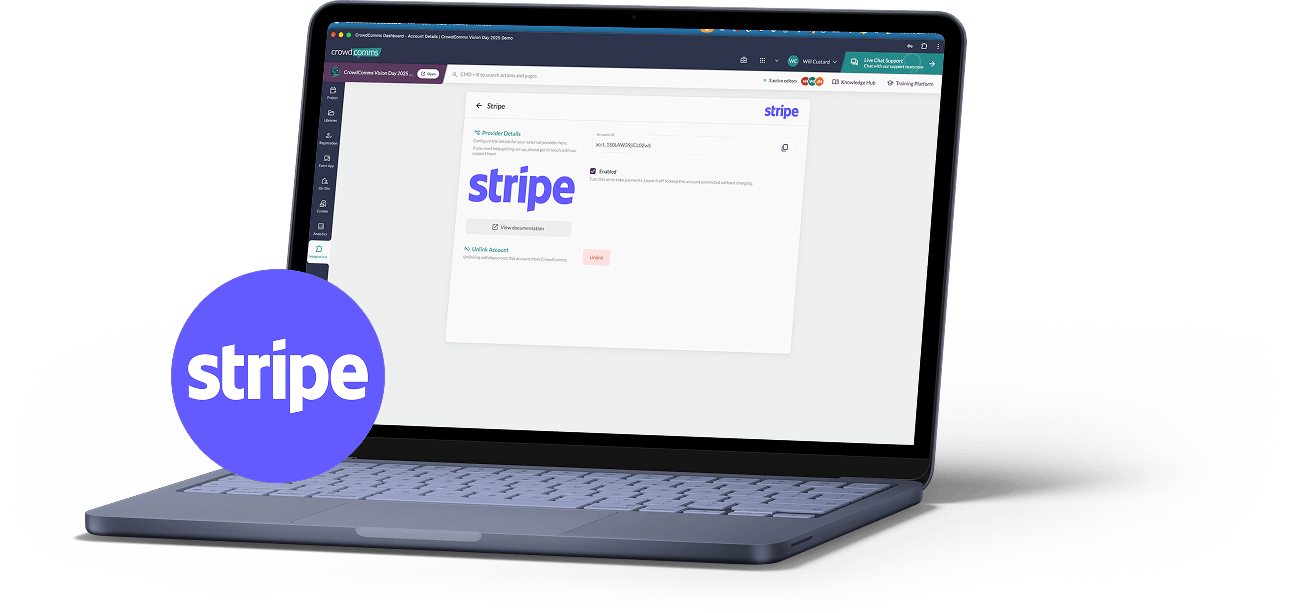 CrowdComms integrations page on a laptop, open on Stripe provider details, with the Stripe logo beside it.