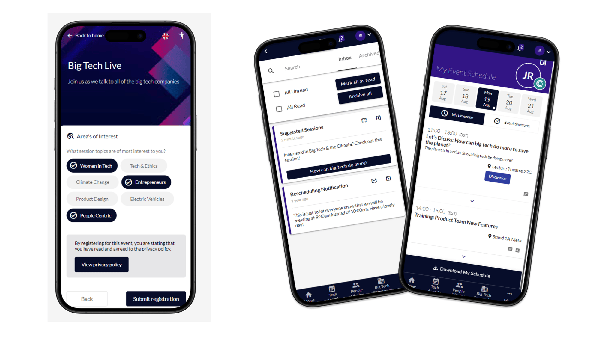 CrowdComms event app showing attendee interests and a personalised schedule on first launch.